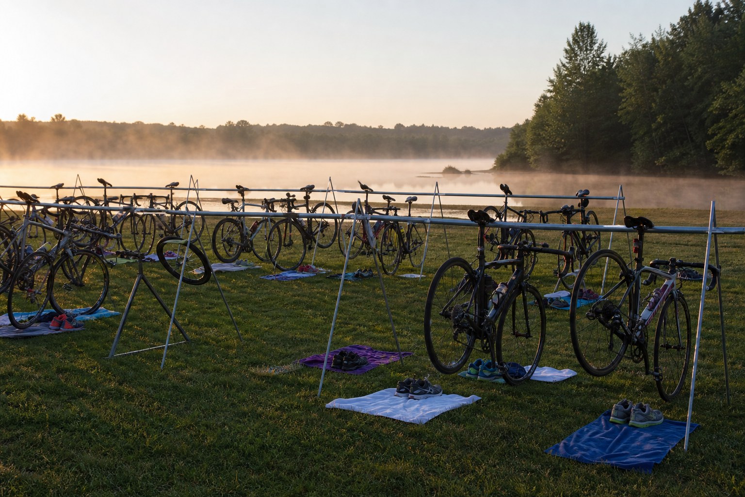 Leeg wisselpark bij zonsopkomst: rekken met racefietsen en loopschoenen op handdoeken in het gras, mist boven het water